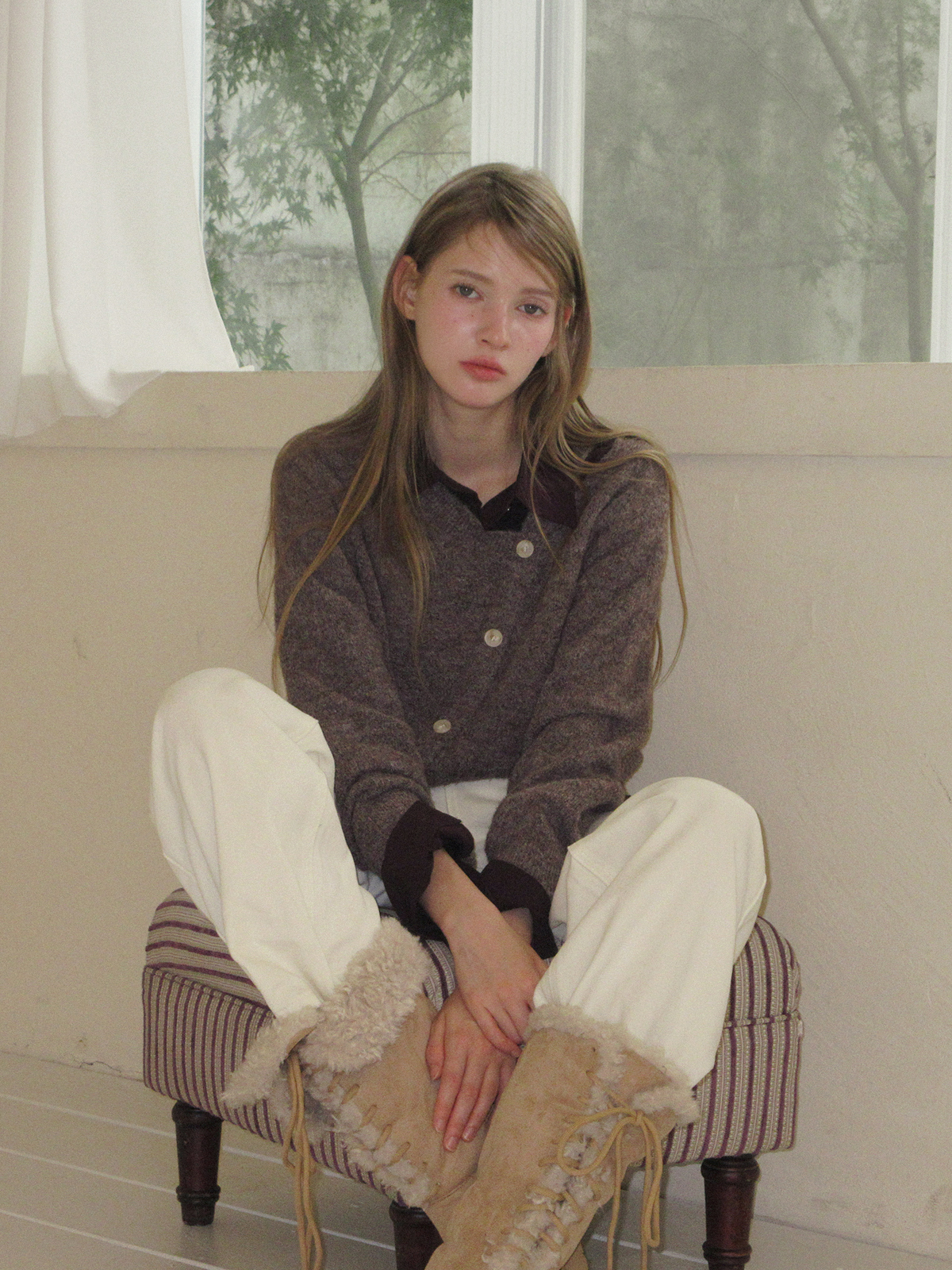 TWEE Newel diagonal button long sleeve knit - Model styling view
