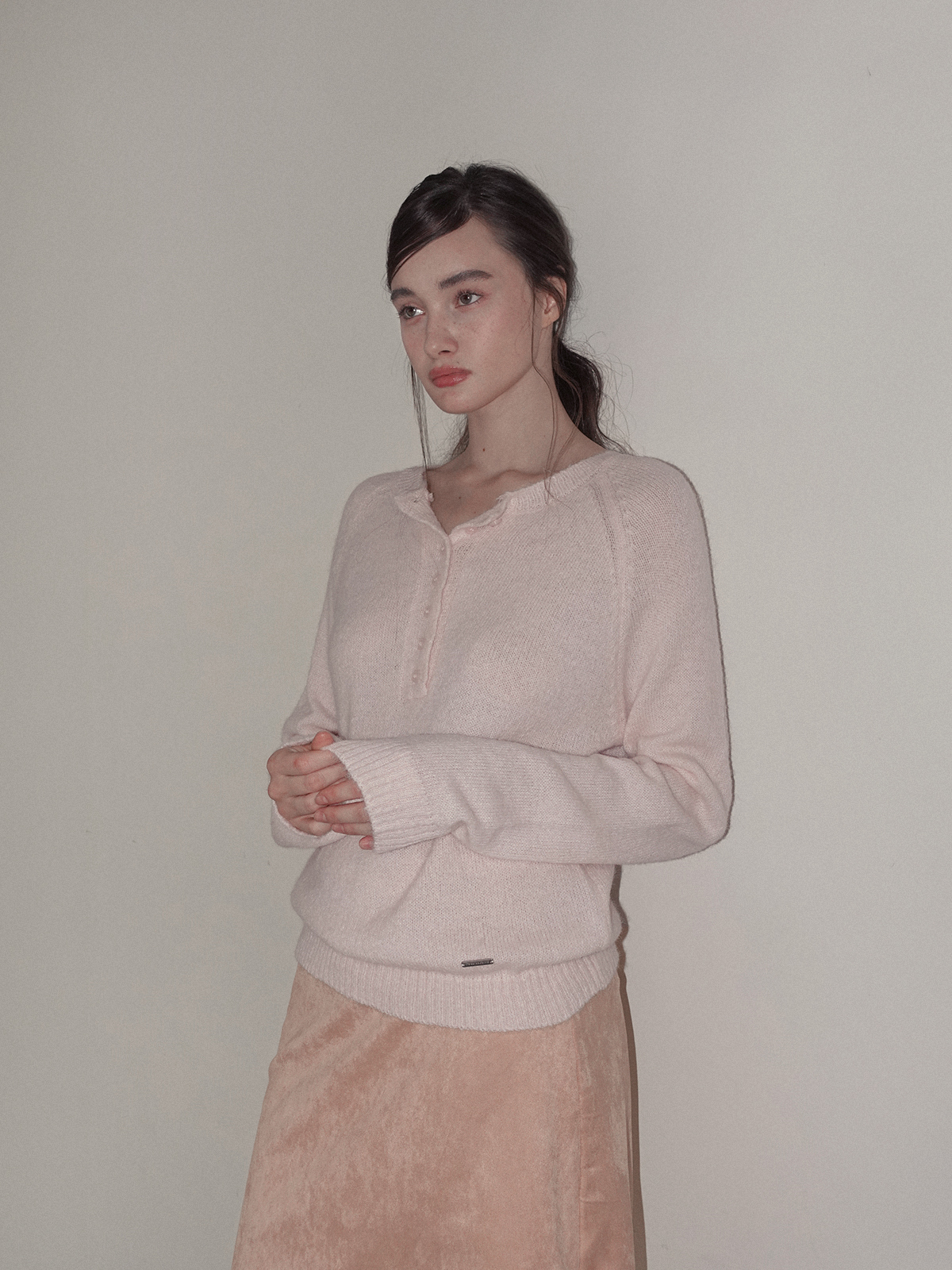 TWEE Pomki button brushed long sleeve knit - Model styling view