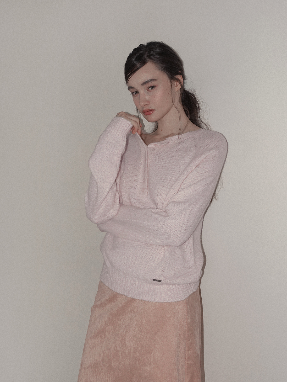 TWEE Pomki button brushed long sleeve knit - Model styling view