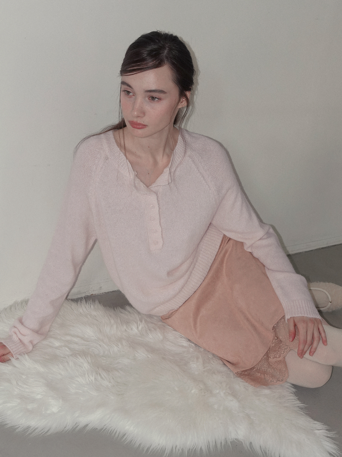TWEE Pomki button brushed long sleeve knit - Model styling view